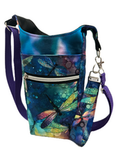 Load image into Gallery viewer, Colorful Dragonflies Crossbody Water Bottle Bag w/Cell Phone Pouch, Zipper Pocket and Key Fob
