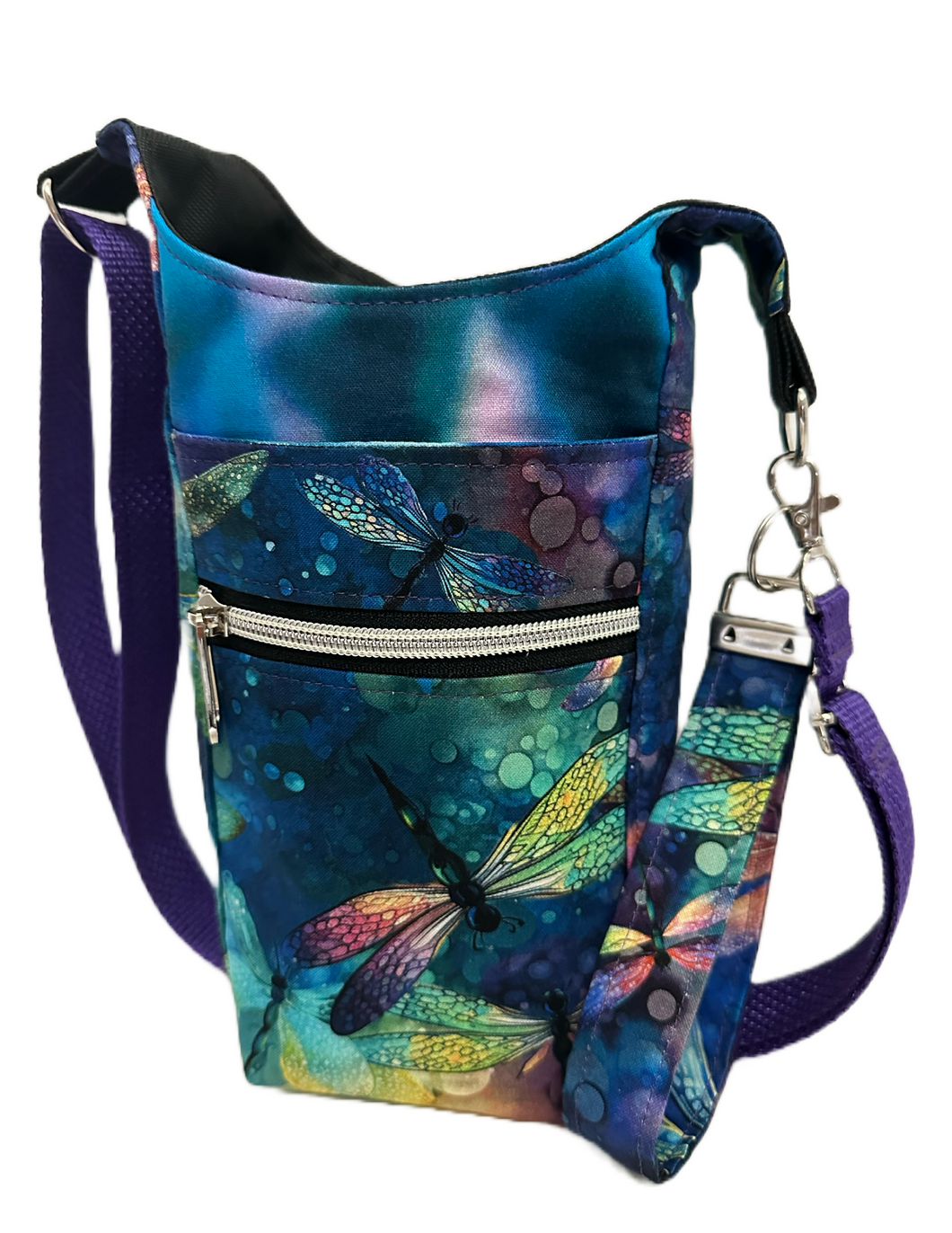 Colorful Dragonflies Crossbody Water Bottle Bag w/Cell Phone Pouch, Zipper Pocket and Key Fob