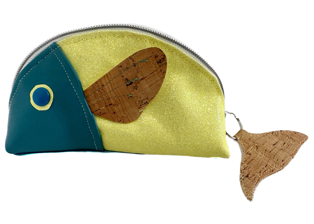 Teal and Yellow Faux Leather Fish Pouch