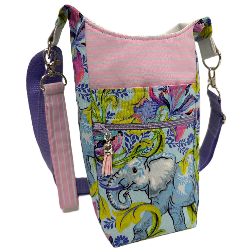 Elephants: Crossbody Water Bottle Bag w/Cell Phone Pouch, Zipper Pocket and Key Fob