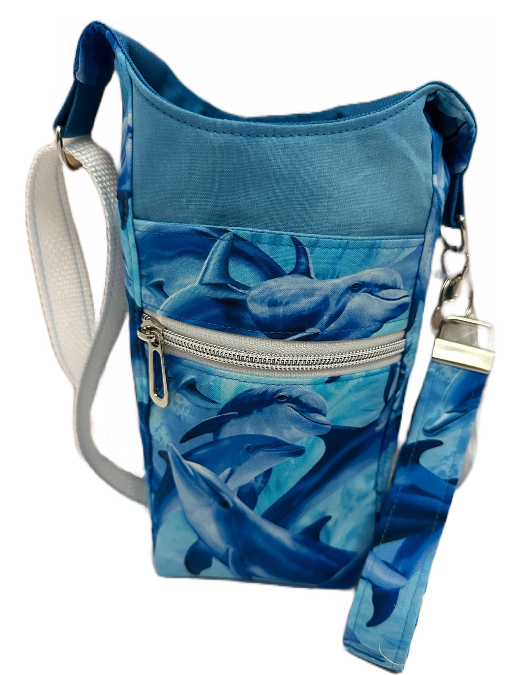 Blue Dolphins Crossbody Water Bottle Bag w/Cell Phone Pouch, Zipper Pocket and Key Fob