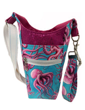 Load image into Gallery viewer, Pink Octopus Crossbody Water Bottle Bag w/Cell Phone Pouch, Zipper Pocket and Key Fob
