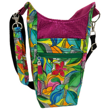 Load image into Gallery viewer, Tropical Blue Birds: Crossbody Water Bottle Bag w/Cell Phone Pouch, Zipper Pocket and Key Fob
