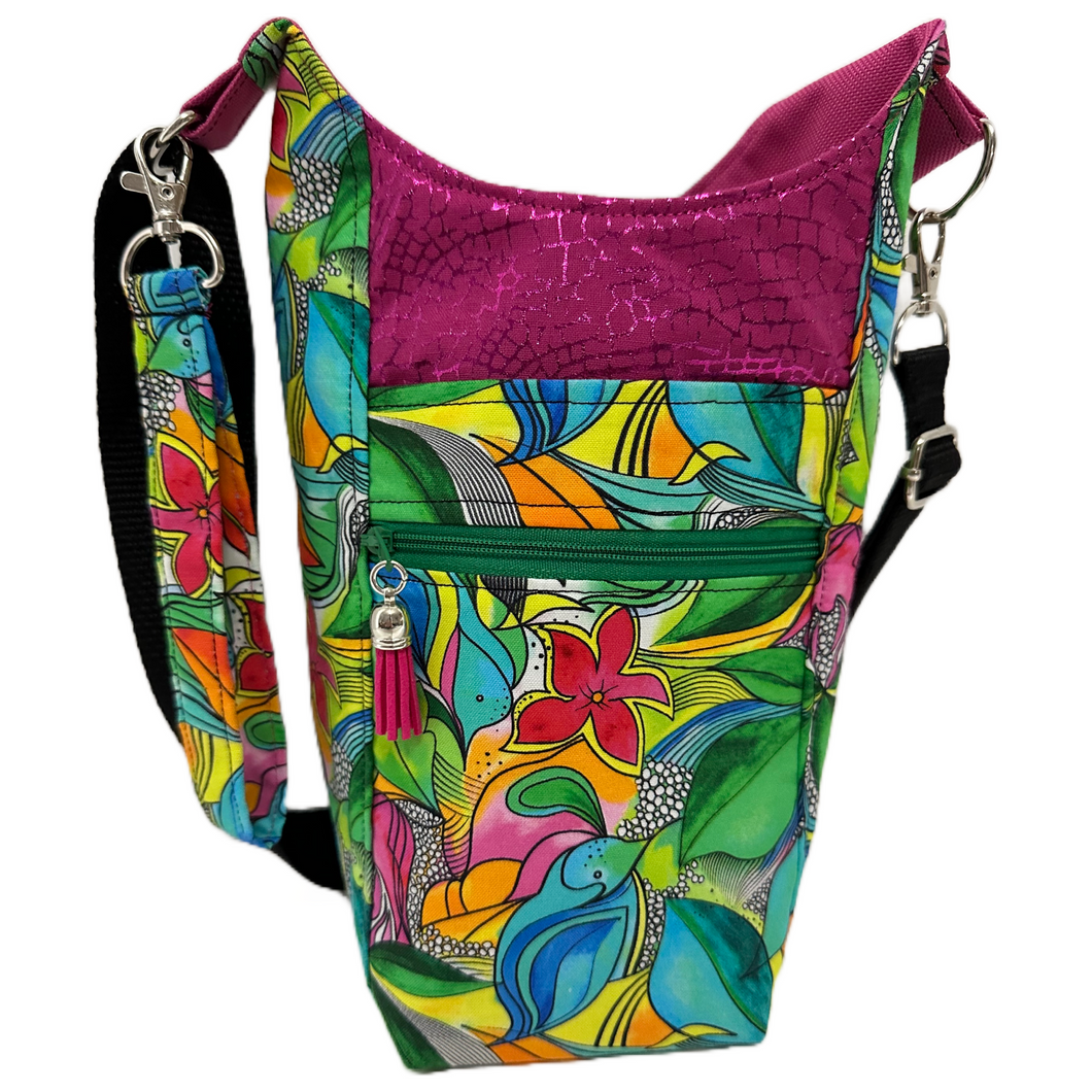 Tropical Blue Birds: Crossbody Water Bottle Bag w/Cell Phone Pouch, Zipper Pocket and Key Fob
